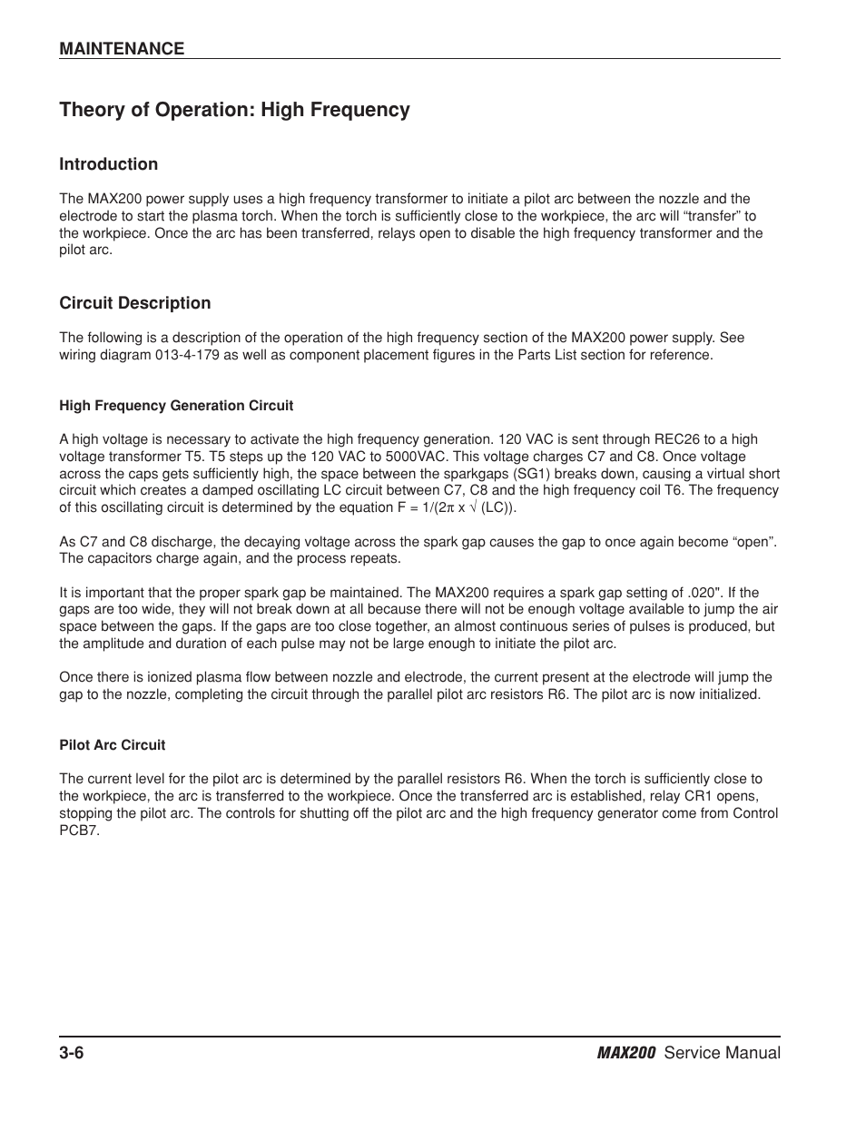 Theory of operation: high frequency -6, Introduction -6, Circuit description -6 | Introduction -6 circuit description -6, Theory of operation: high frequency | Hypertherm MAX200 Service Manual User Manual | Page 47 / 211