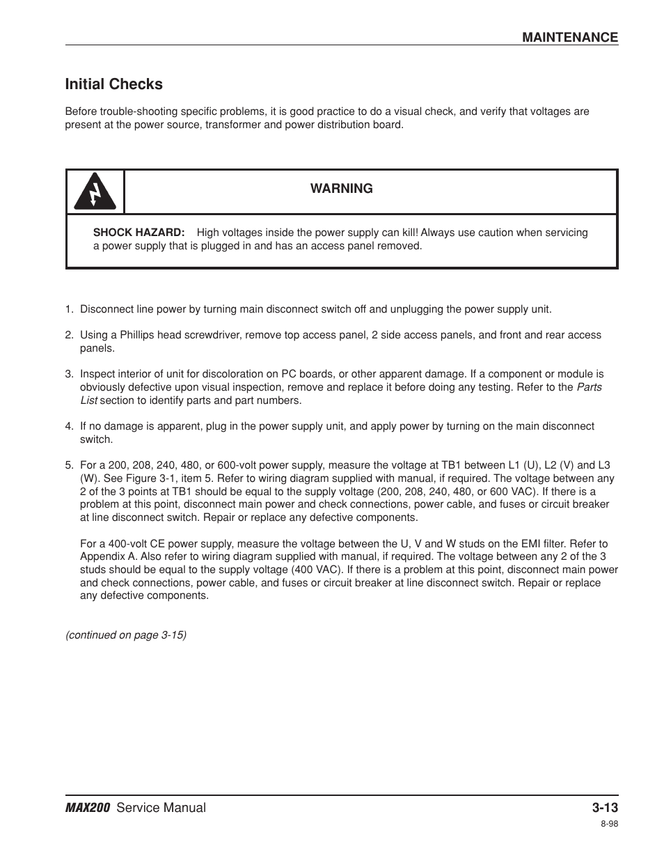 Initial checks -13, Initial checks | Hypertherm MAX200 Service Manual User Manual | Page 54 / 211