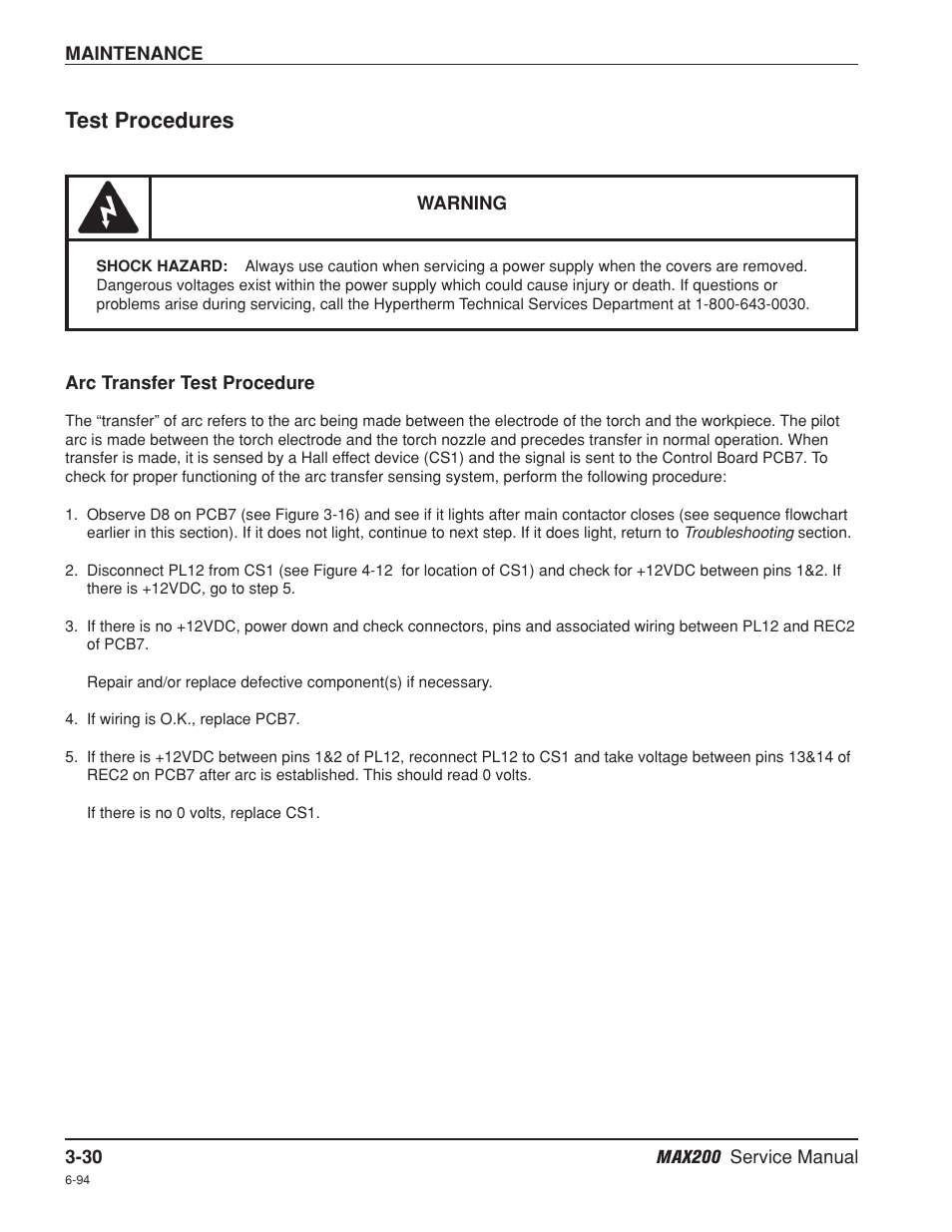 Test procedures -30, Arc transfer test procedure -30, Test procedures | Hypertherm MAX200 Service Manual User Manual | Page 71 / 211