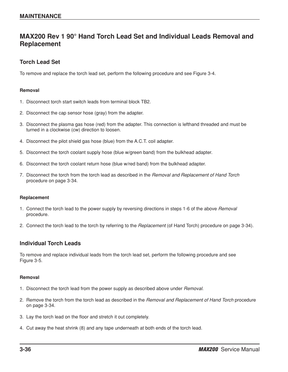 Torch lead set -36, Removal -36, Replacement -36 | Individual torch leads -36, Removal -36 replacement -36 | Hypertherm MAX200 Service Manual User Manual | Page 77 / 211