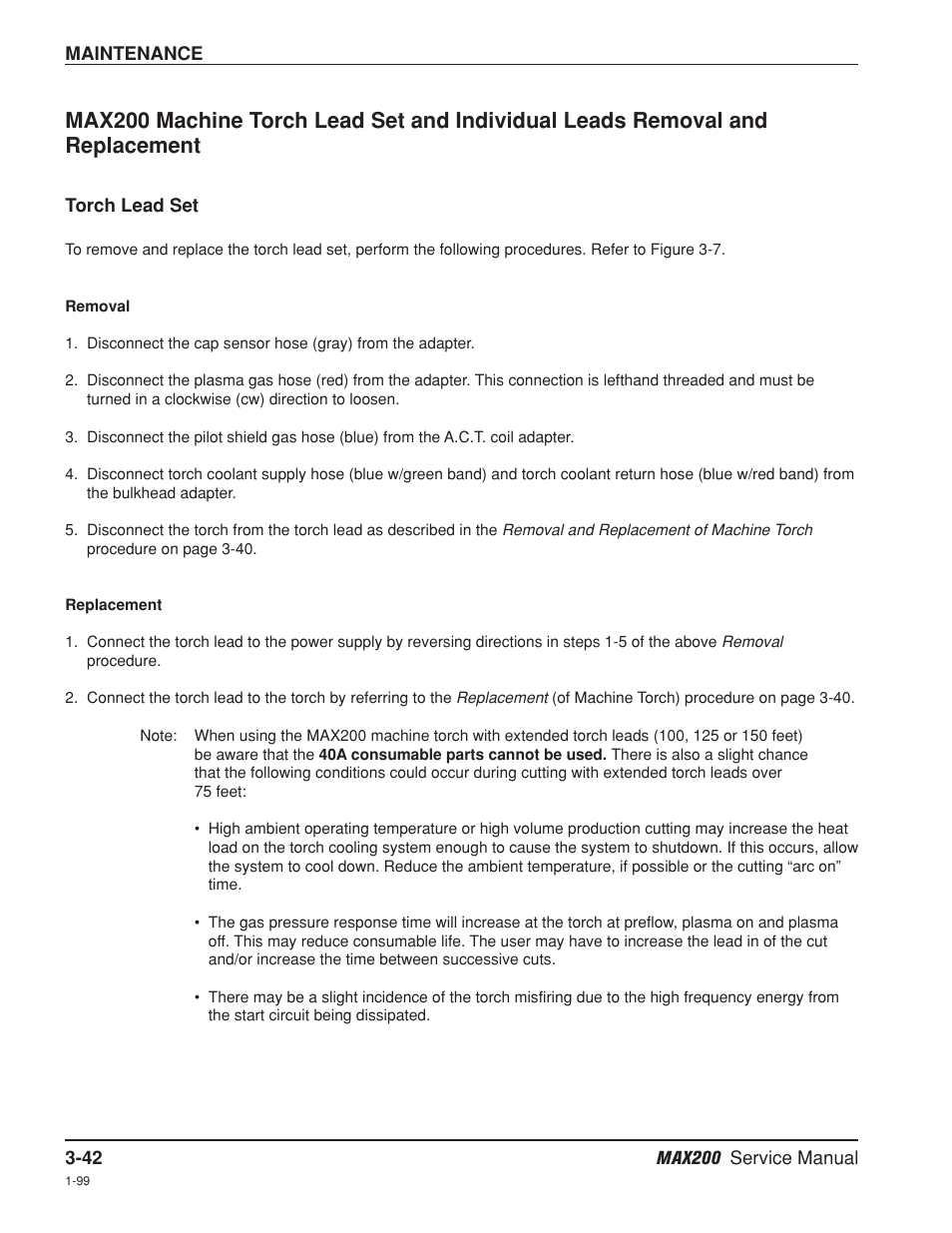 Torch lead set -42, Removal -42, Replacement -42 | Removal -42 replacement -42 | Hypertherm MAX200 Service Manual User Manual | Page 83 / 211