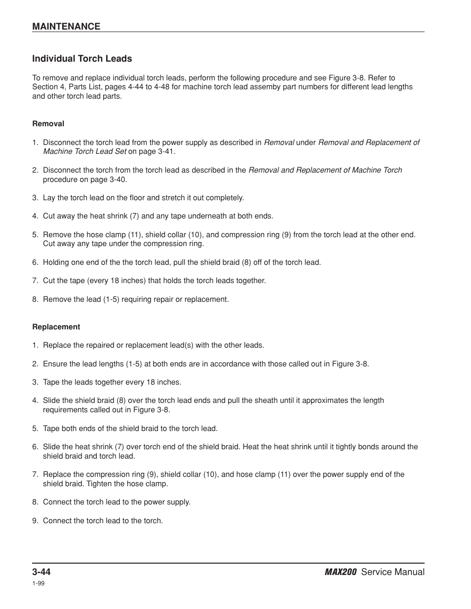 Individual torch leads -44, Removal -44, Replacement -44 | Removal -44 replacement -44 | Hypertherm MAX200 Service Manual User Manual | Page 85 / 211