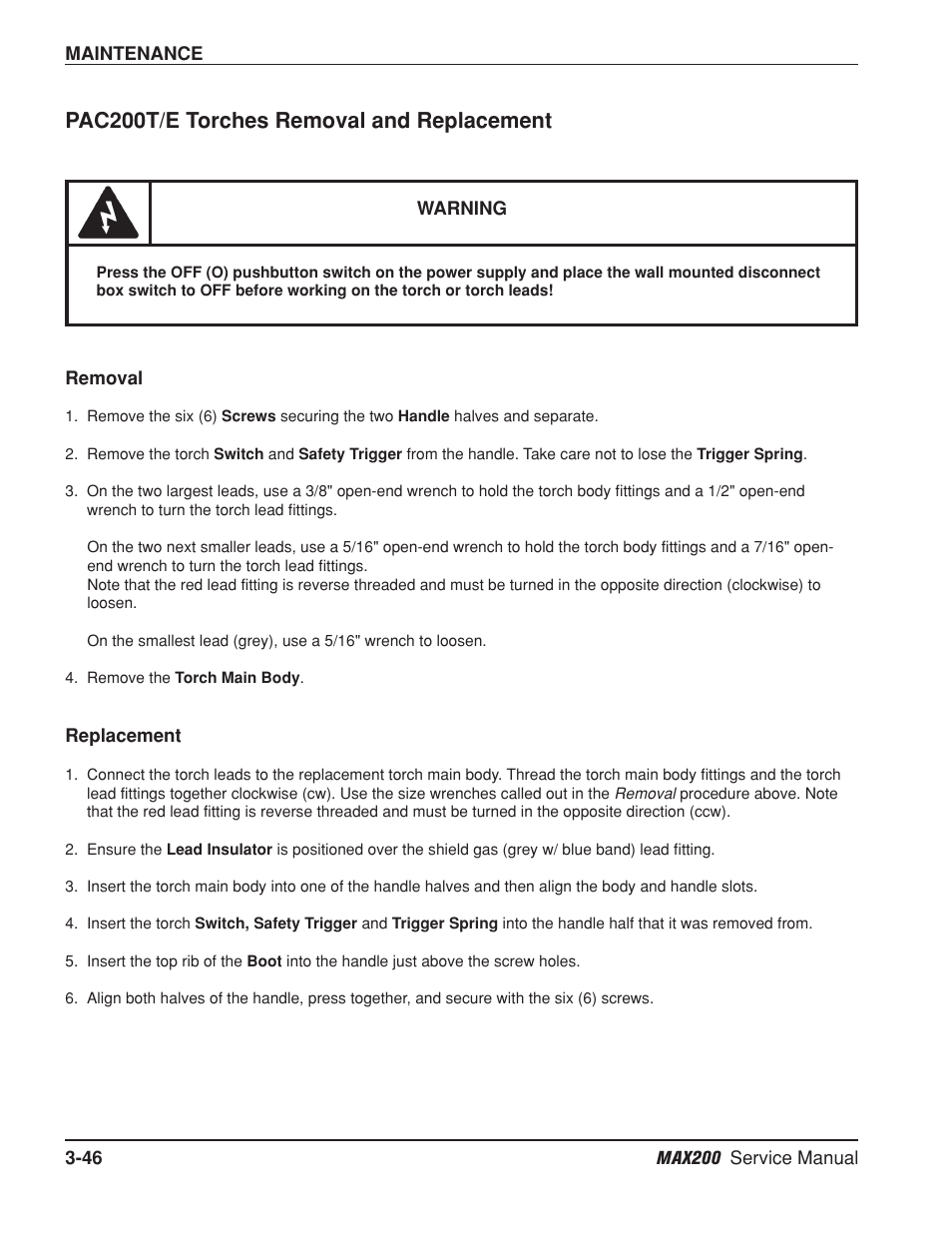 Pac200t/e torches removal and replacement -46, Removal -46, Replacement -46 | Removal -46 replacement -46, Pac200t/e torches removal and replacement | Hypertherm MAX200 Service Manual User Manual | Page 87 / 211