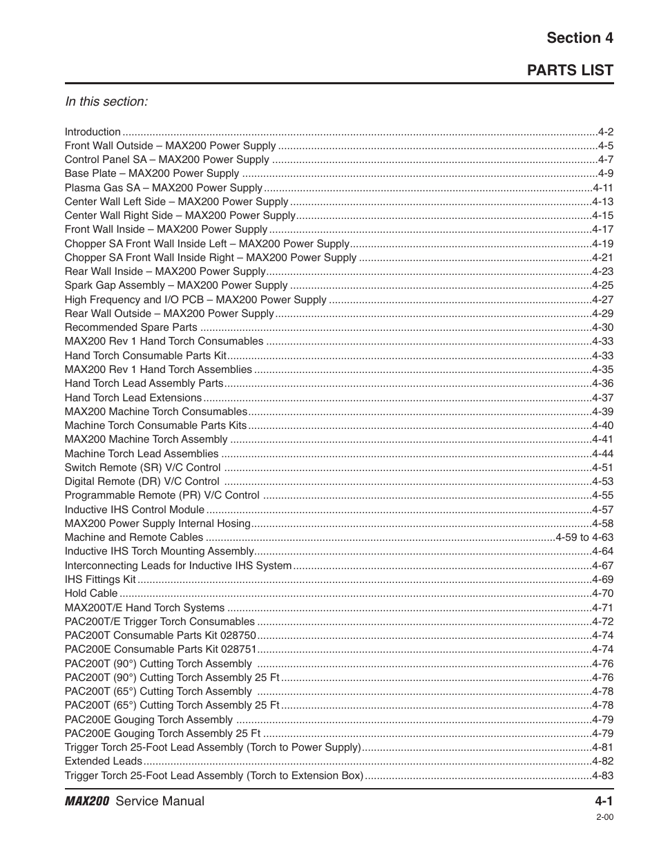 Section 4 parts list | Hypertherm MAX200 Service Manual User Manual | Page 96 / 211