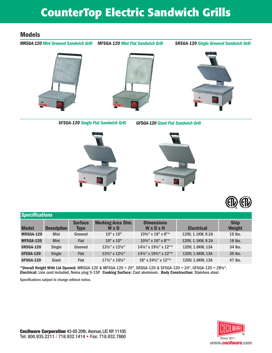 Countertop electric sandwich grills, Models, Specifications | Cecilware SRSGA-120 User Manual | Page 2 / 2