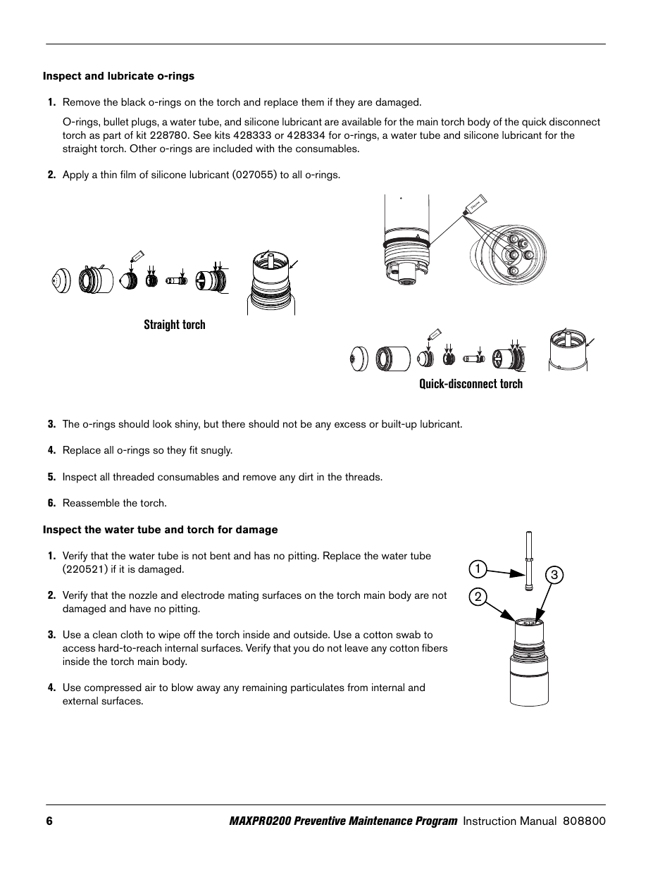 Inspect and lubricate o-rings, Inspect the water tube and torch for damage | Hypertherm MAXPRO200 Preventive Maintenance Program User Manual | Page 10 / 28