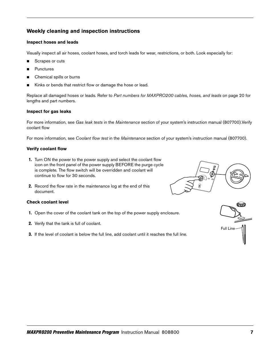 Weekly cleaning and inspection instructions, Inspect hoses and leads, Inspect for gas leaks | Verify coolant flow, Check coolant level | Hypertherm MAXPRO200 Preventive Maintenance Program User Manual | Page 11 / 28