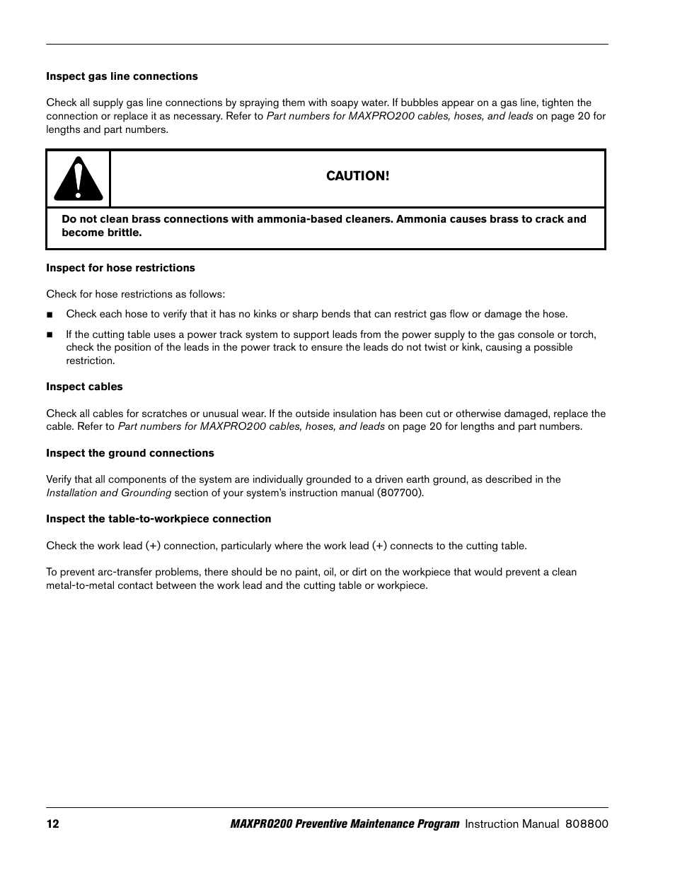 Inspect gas line connections, Inspect for hose restrictions, Inspect cables | Inspect the ground connections, Inspect the table-to-workpiece connection | Hypertherm MAXPRO200 Preventive Maintenance Program User Manual | Page 16 / 28