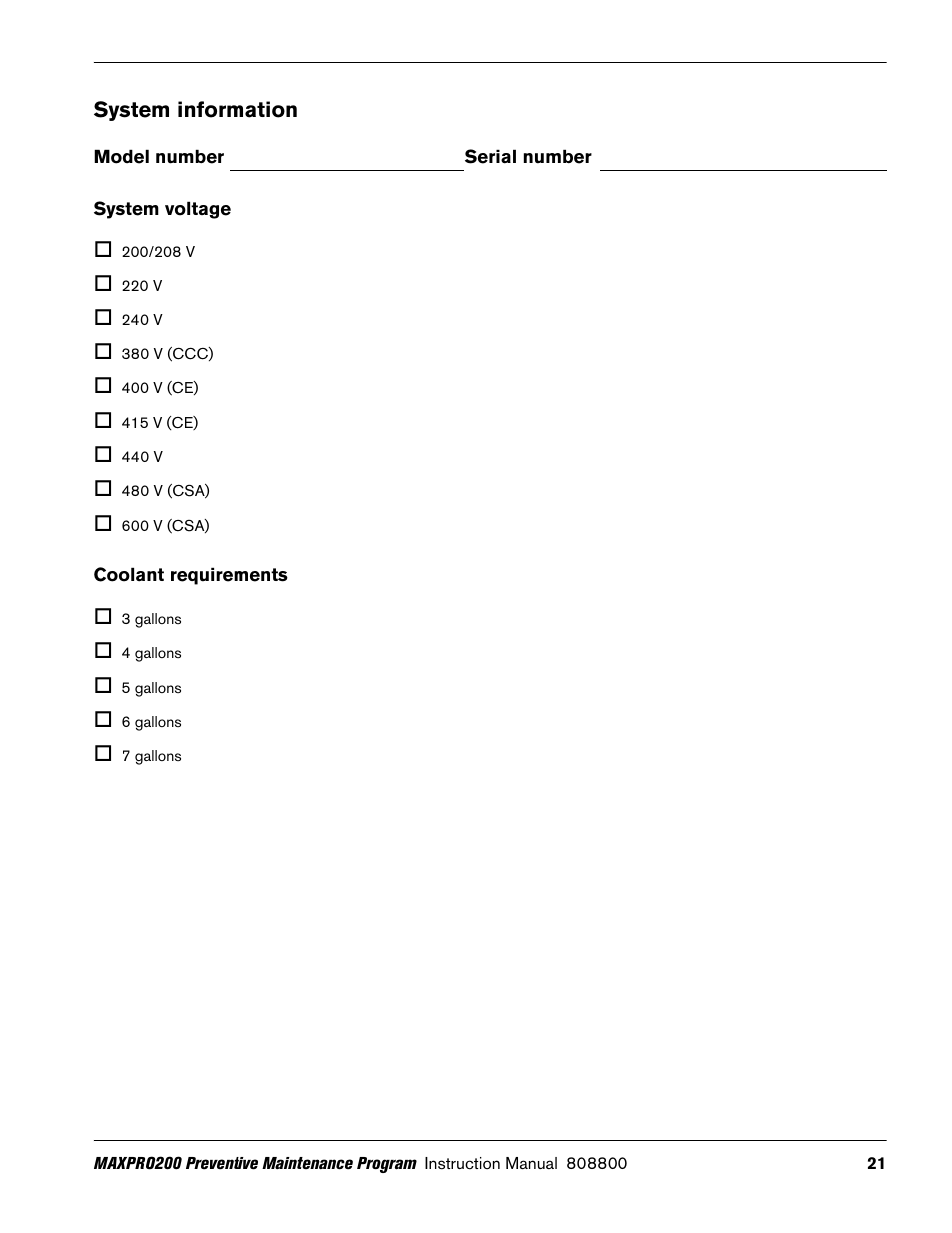 System information, Model number, Serial number | System voltage, Coolant requirements, Coolant | Hypertherm MAXPRO200 Preventive Maintenance Program User Manual | Page 25 / 28