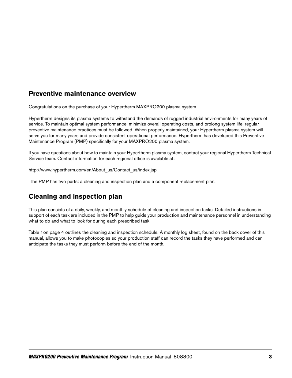 Preventive maintenance overview, Cleaning and inspection plan | Hypertherm MAXPRO200 Preventive Maintenance Program User Manual | Page 7 / 28