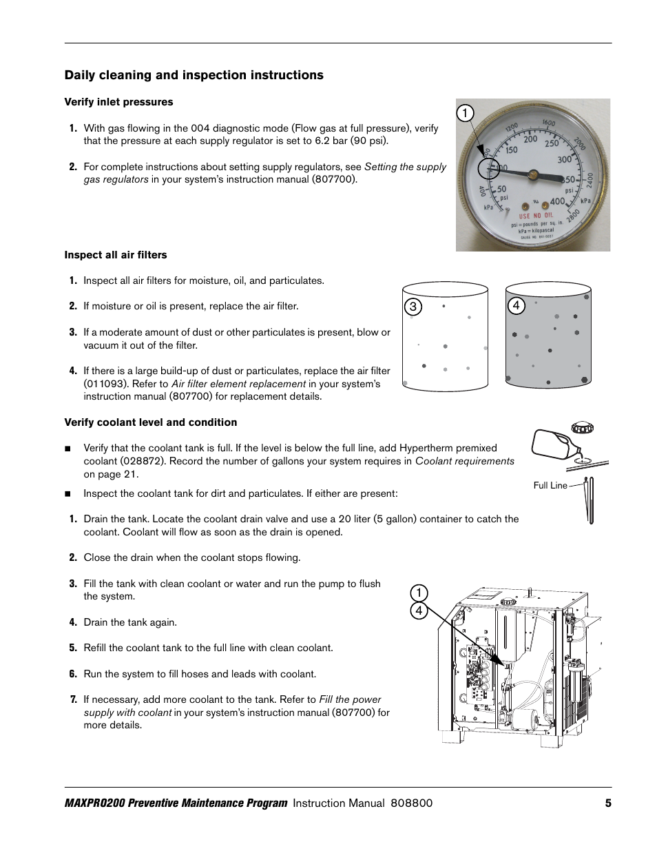 Daily cleaning and inspection instructions, Verify inlet pressures, Inspect all air filters | Verify coolant level and condition | Hypertherm MAXPRO200 Preventive Maintenance Program User Manual | Page 9 / 28