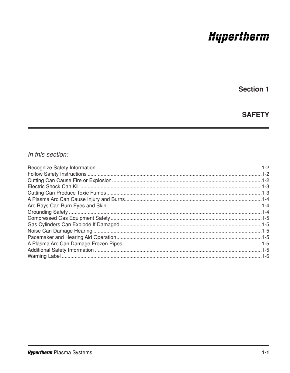 Section 1 – safety, Section 1, Safety | Hypertherm Powermax190c Operator Manual User Manual | Page 10 / 47