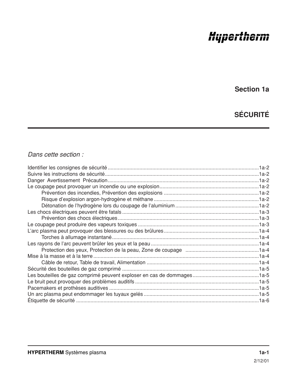 Section 1a – sécurité, Section 1a, Sécurité | Hypertherm Powermax190c Operator Manual User Manual | Page 16 / 47
