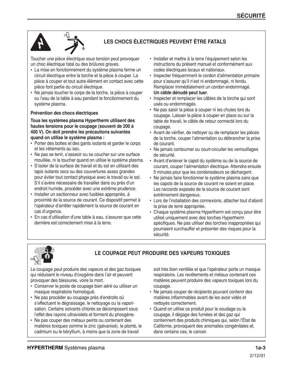 Les chocs électriques peuvent être fatals a-3, Prévention des chocs électriques a-3 | Hypertherm Powermax190c Operator Manual User Manual | Page 18 / 47