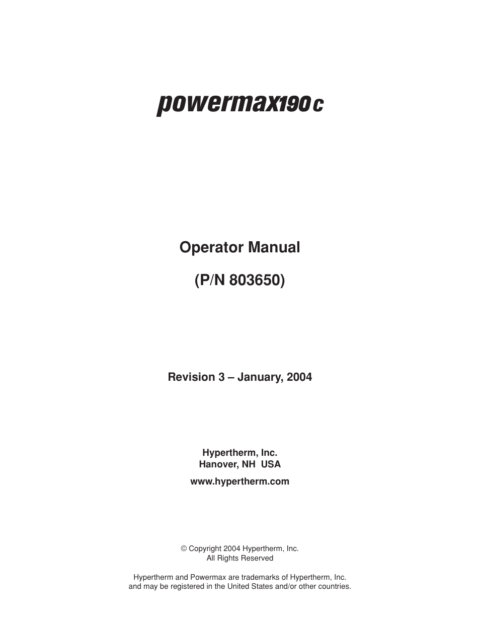 Powermax190 | Hypertherm Powermax190c Operator Manual User Manual | Page 2 / 47