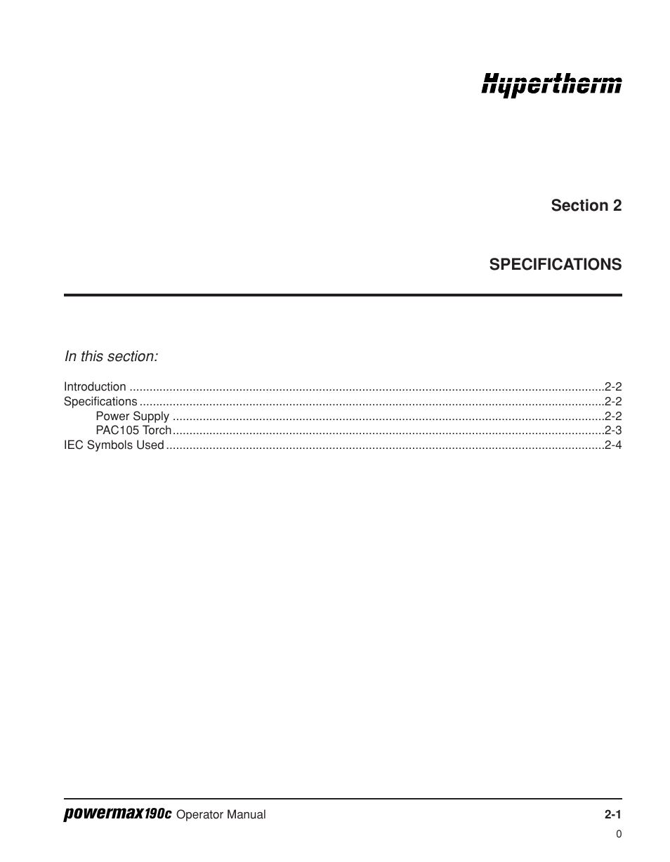 Section 2 – specifications, Section 2, Specifications | Powermax | Hypertherm Powermax190c Operator Manual User Manual | Page 22 / 47