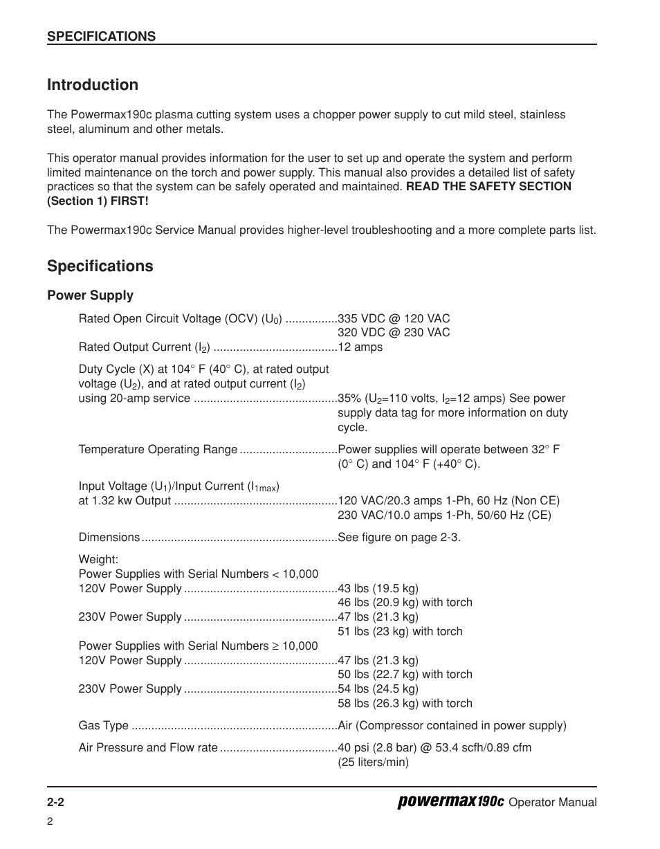 Introduction -2 specifications -2, Power supply -2, Powermax | Introduction, Specifications | Hypertherm Powermax190c Operator Manual User Manual | Page 23 / 47