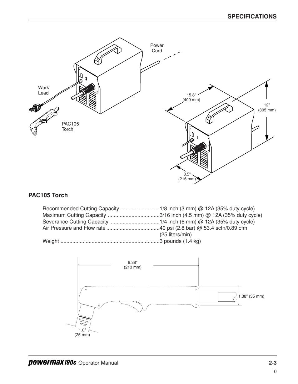 Pac105 torch -3, Powermax, 190c | Hypertherm Powermax190c Operator Manual User Manual | Page 24 / 47