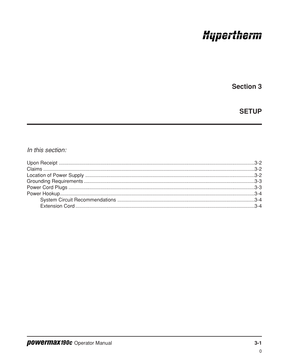 Section 3 – setup, Section 3, Setup | Powermax | Hypertherm Powermax190c Operator Manual User Manual | Page 26 / 47