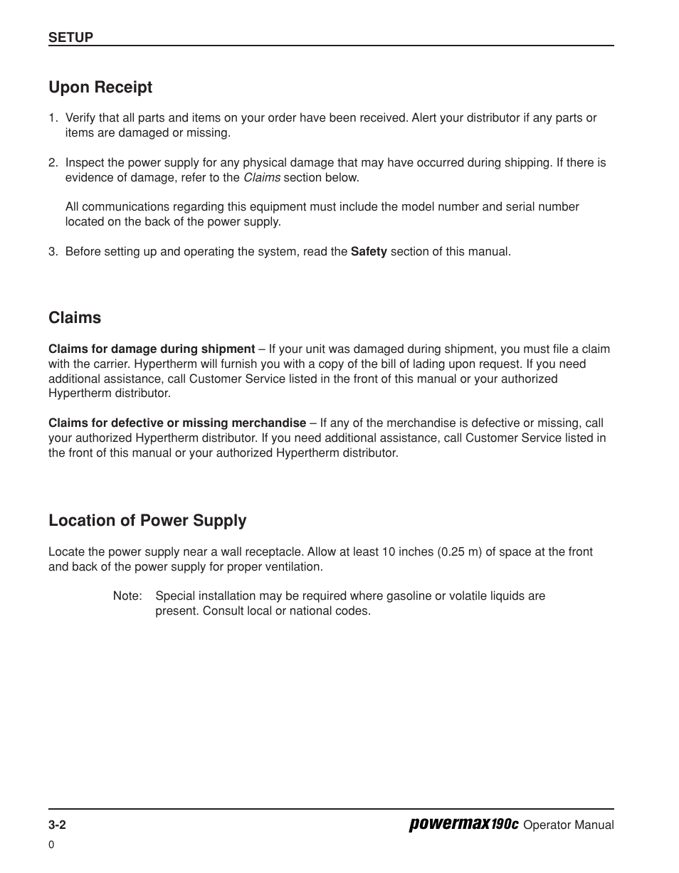 Powermax, Upon receipt, Claims | Location of power supply | Hypertherm Powermax190c Operator Manual User Manual | Page 27 / 47