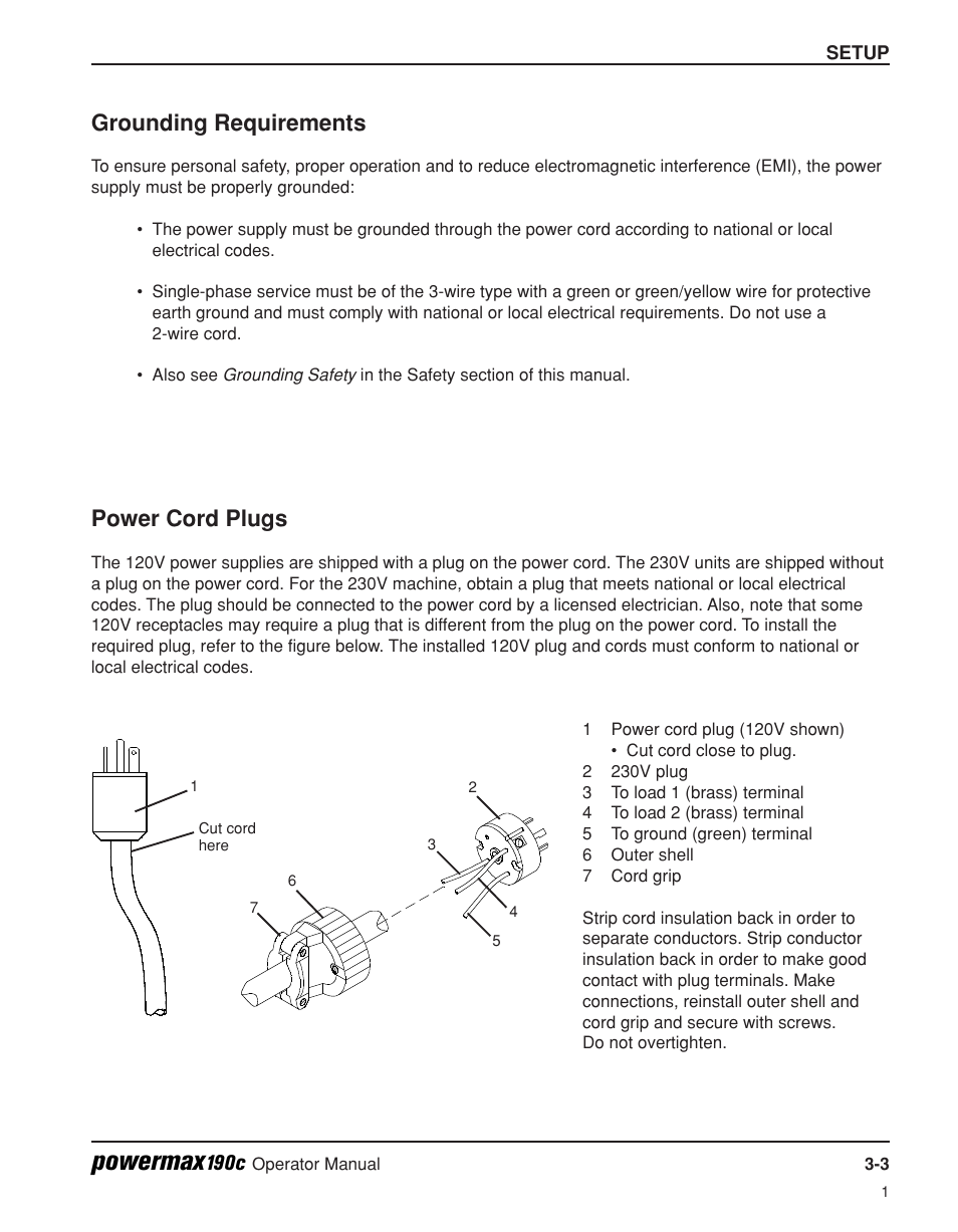 Grounding requirements -3 power cord plugs -3, Powermax, Grounding requirements | Power cord plugs | Hypertherm Powermax190c Operator Manual User Manual | Page 28 / 47