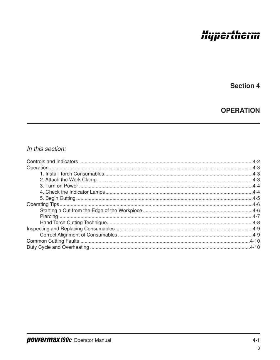 Section 4 – operation, Section 4, Operation | Powermax | Hypertherm Powermax190c Operator Manual User Manual | Page 30 / 47