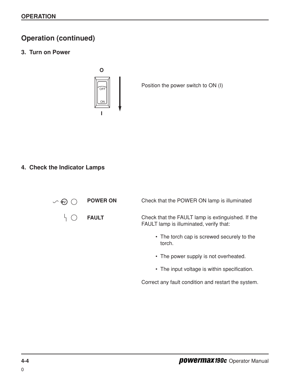 Turn on power -4 4. check the indicator lamps -4, Powermax, Operation (continued) | Hypertherm Powermax190c Operator Manual User Manual | Page 33 / 47