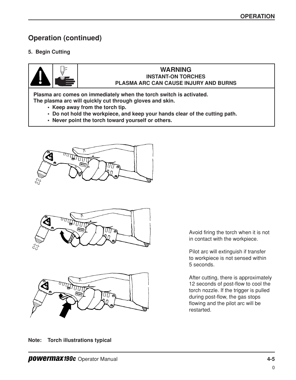 Begin cutting -5, Powermax, Operation (continued) | Hypertherm Powermax190c Operator Manual User Manual | Page 34 / 47