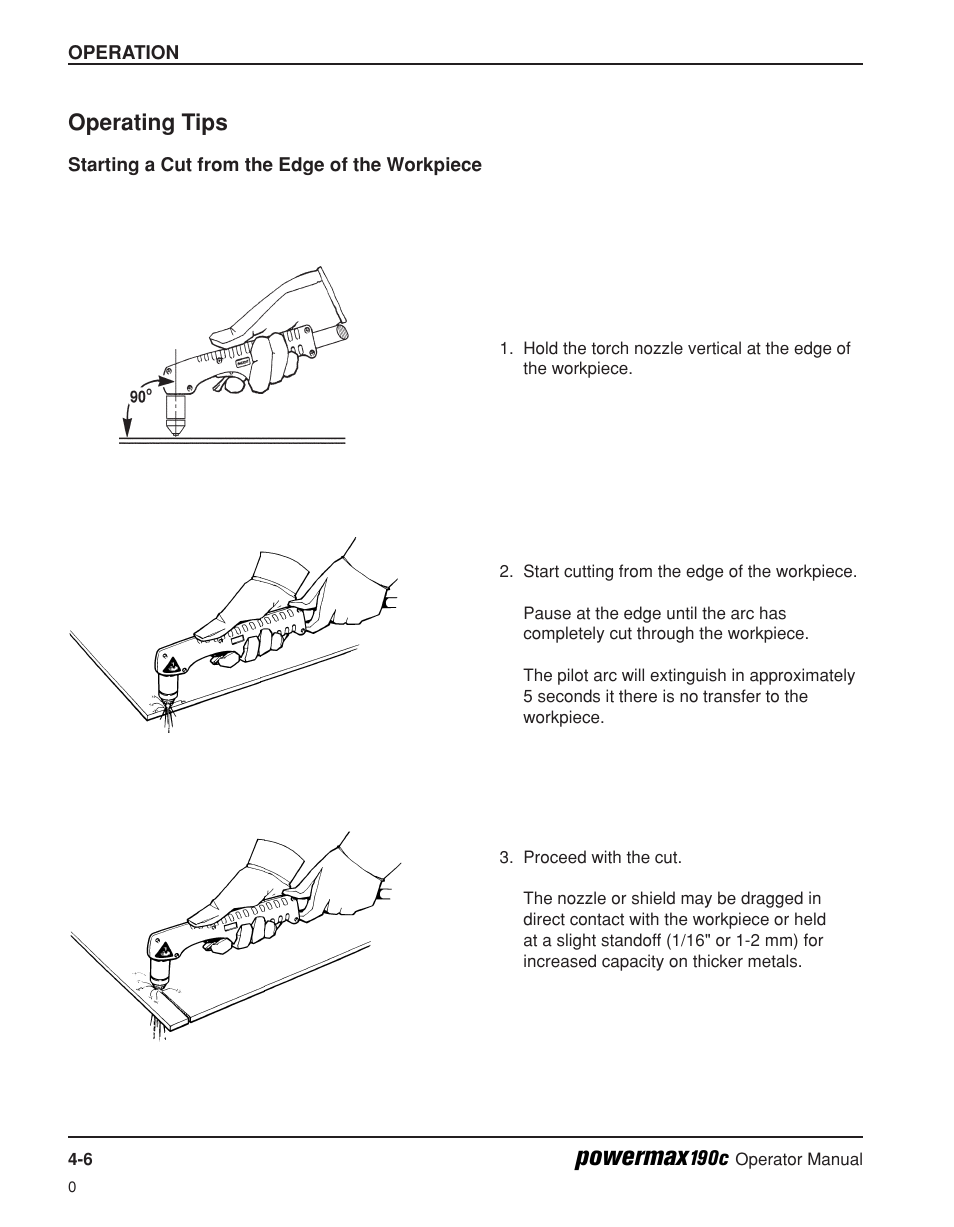 Operating tips -6, Starting a cut from the edge of the workpiece -6, Powermax | Operating tips | Hypertherm Powermax190c Operator Manual User Manual | Page 35 / 47