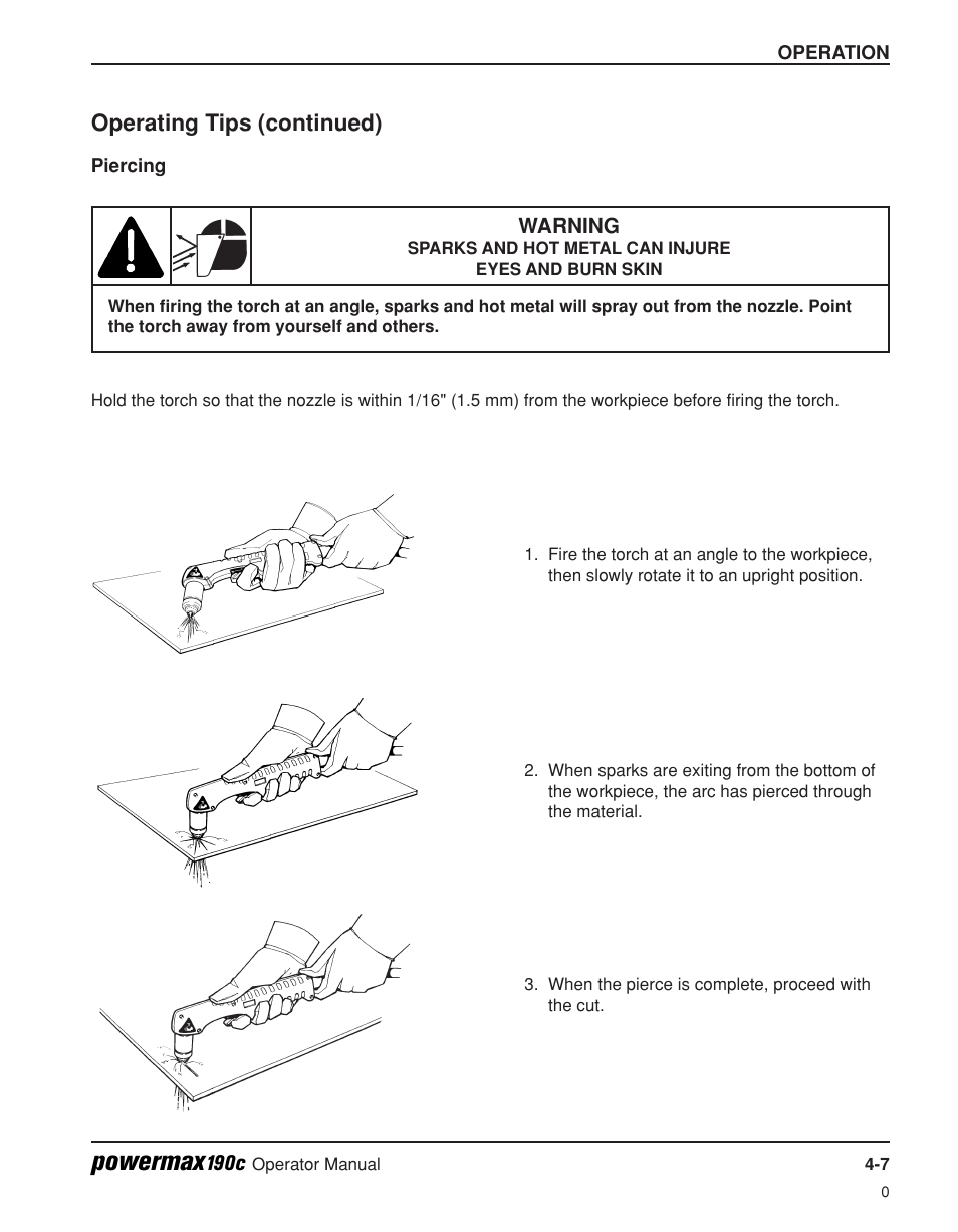 Piercing -7, Powermax, Operating tips (continued) | Hypertherm Powermax190c Operator Manual User Manual | Page 36 / 47