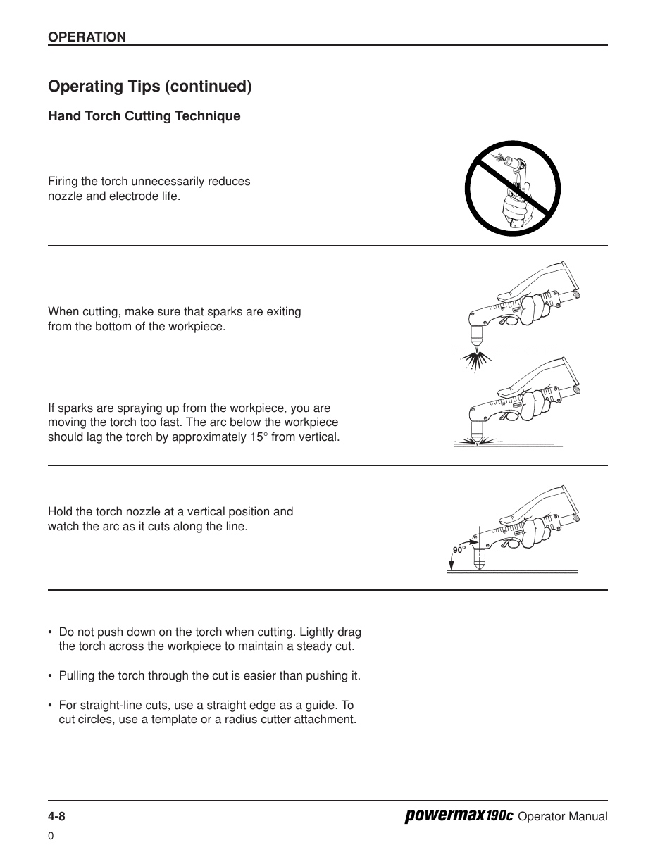 Hand torch cutting technique -8, Powermax, Operating tips (continued) | Hypertherm Powermax190c Operator Manual User Manual | Page 37 / 47