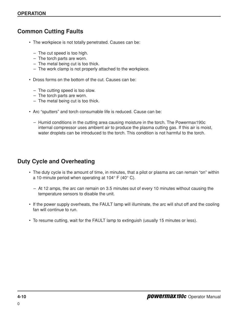 Powermax, Common cutting faults, Duty cycle and overheating | Hypertherm Powermax190c Operator Manual User Manual | Page 39 / 47