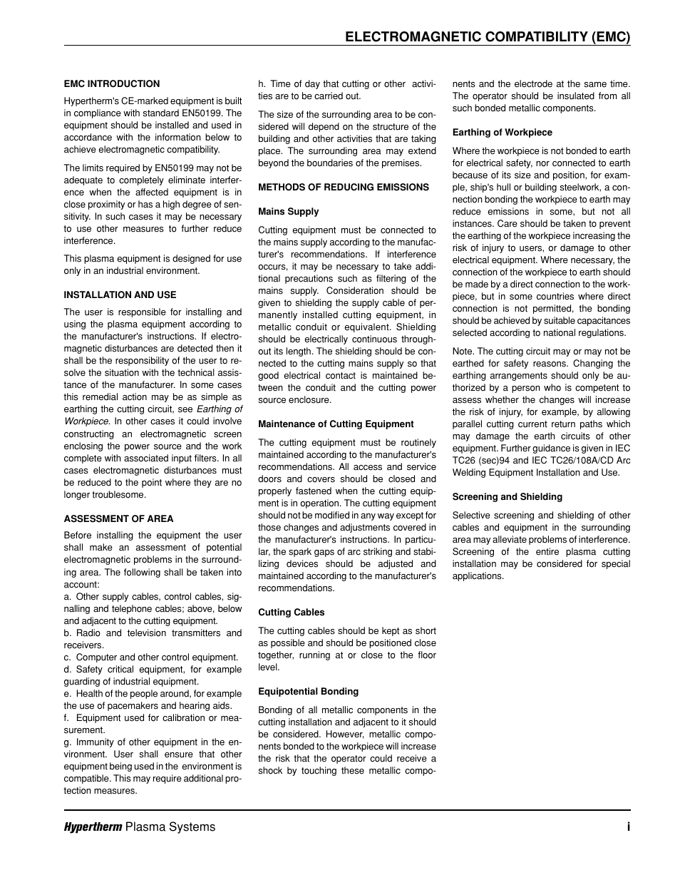 Electromagnetic compatibility (emc) | Hypertherm Powermax190c Operator Manual User Manual | Page 4 / 47