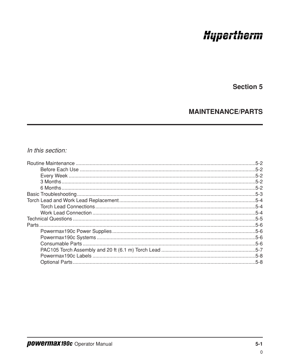 Section 5 – maintenance/parts, Section 5, Maintenance and parts | Powermax | Hypertherm Powermax190c Operator Manual User Manual | Page 40 / 47