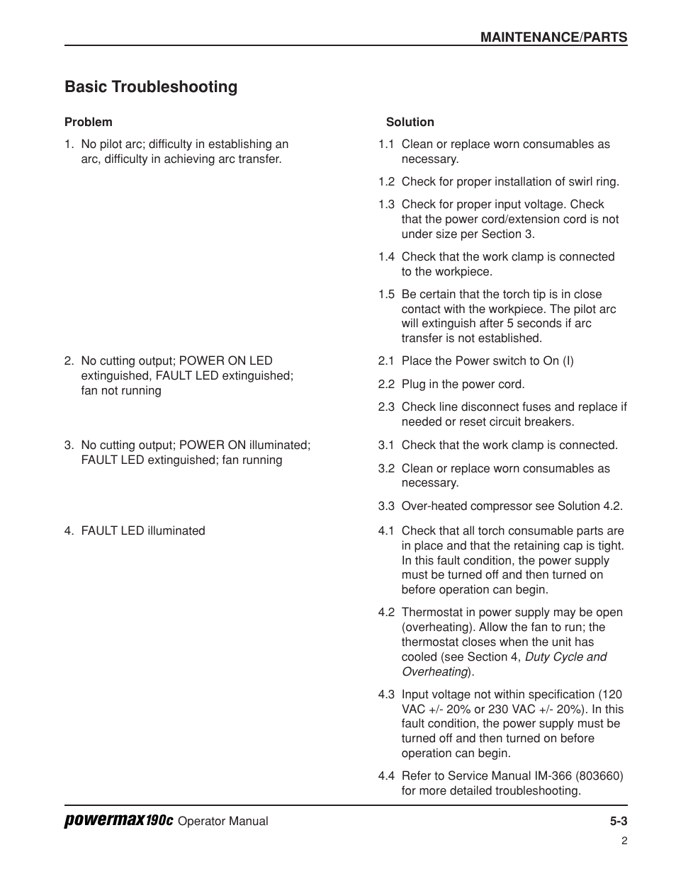 Basic troubleshooting -3, Powermax, Basic troubleshooting | Hypertherm Powermax190c Operator Manual User Manual | Page 42 / 47