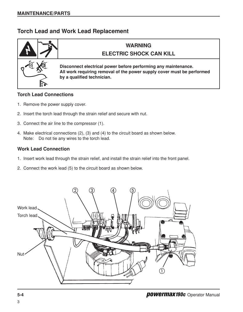 Torch lead and work lead replacement -4, Torch lead connections -4 work lead connection -4, Powermax | Hypertherm Powermax190c Operator Manual User Manual | Page 43 / 47