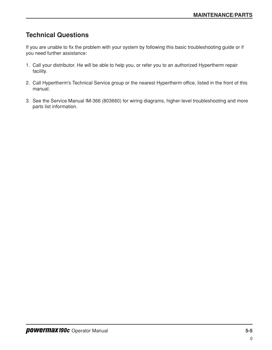 Technical questions -5, Powermax, Technical questions | Hypertherm Powermax190c Operator Manual User Manual | Page 44 / 47