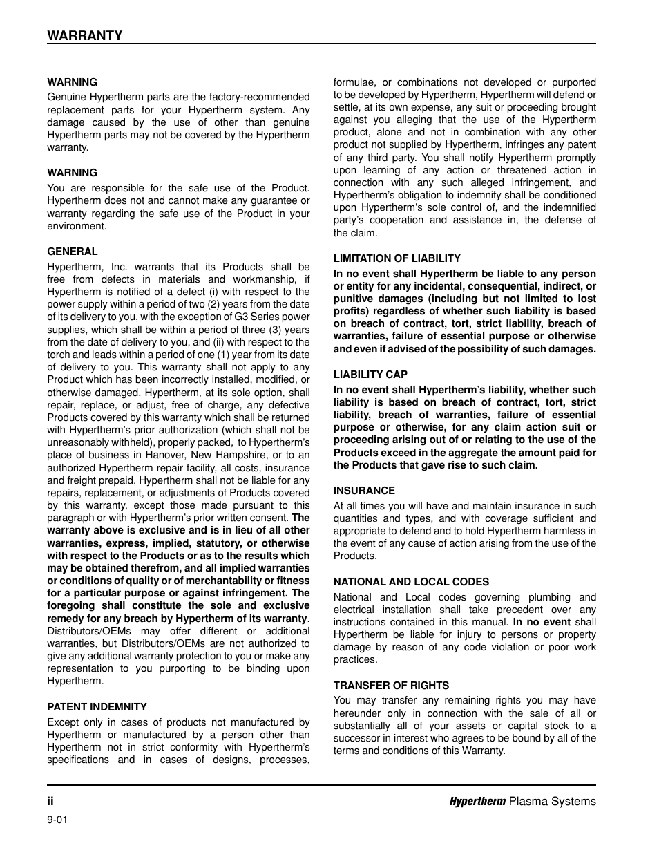 Warranty | Hypertherm Powermax190c Operator Manual User Manual | Page 5 / 47