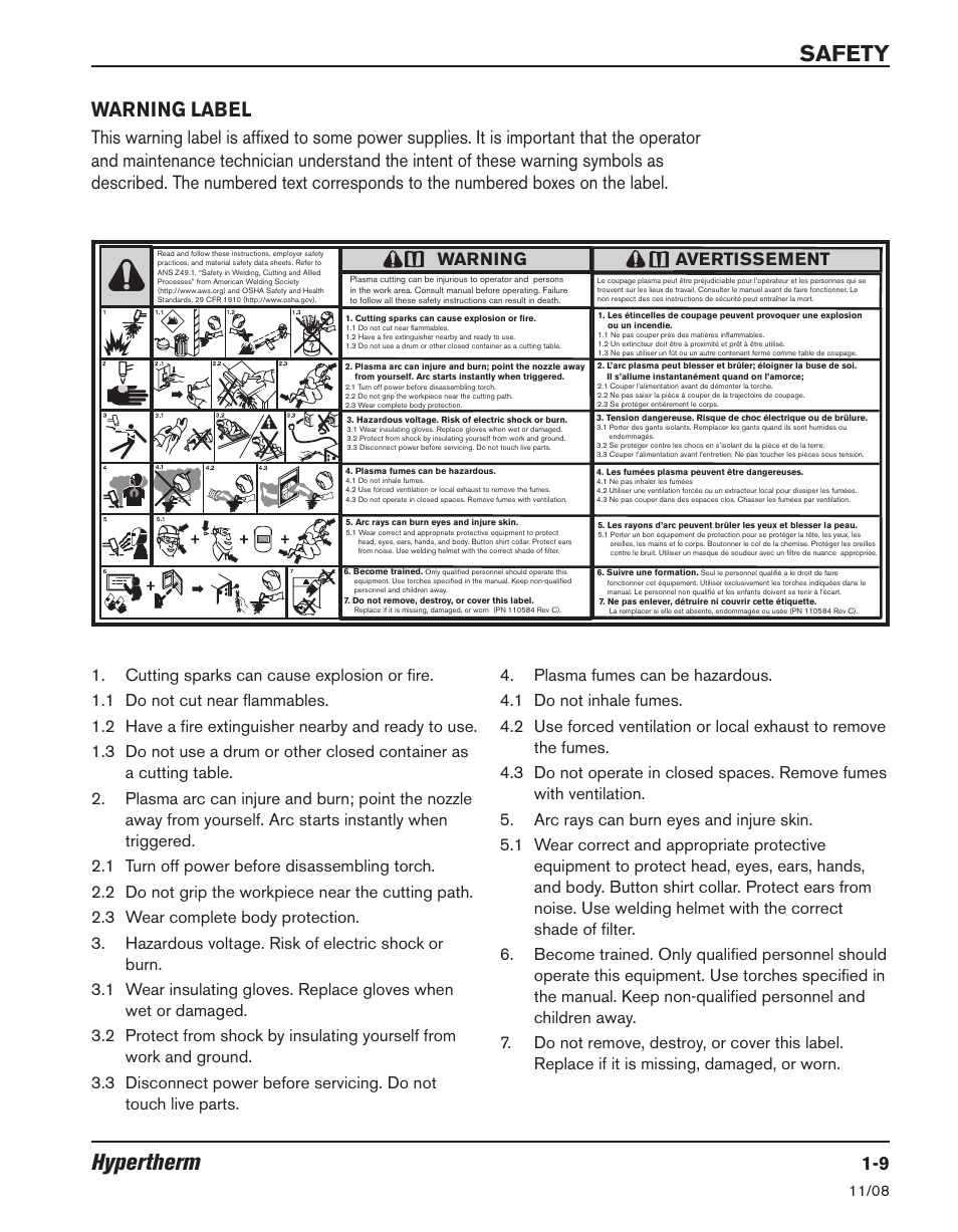 Hypertherm, Safety, Warning label | Warning, Avertissement | Hypertherm Powermax30 Operator Manual User Manual | Page 21 / 98