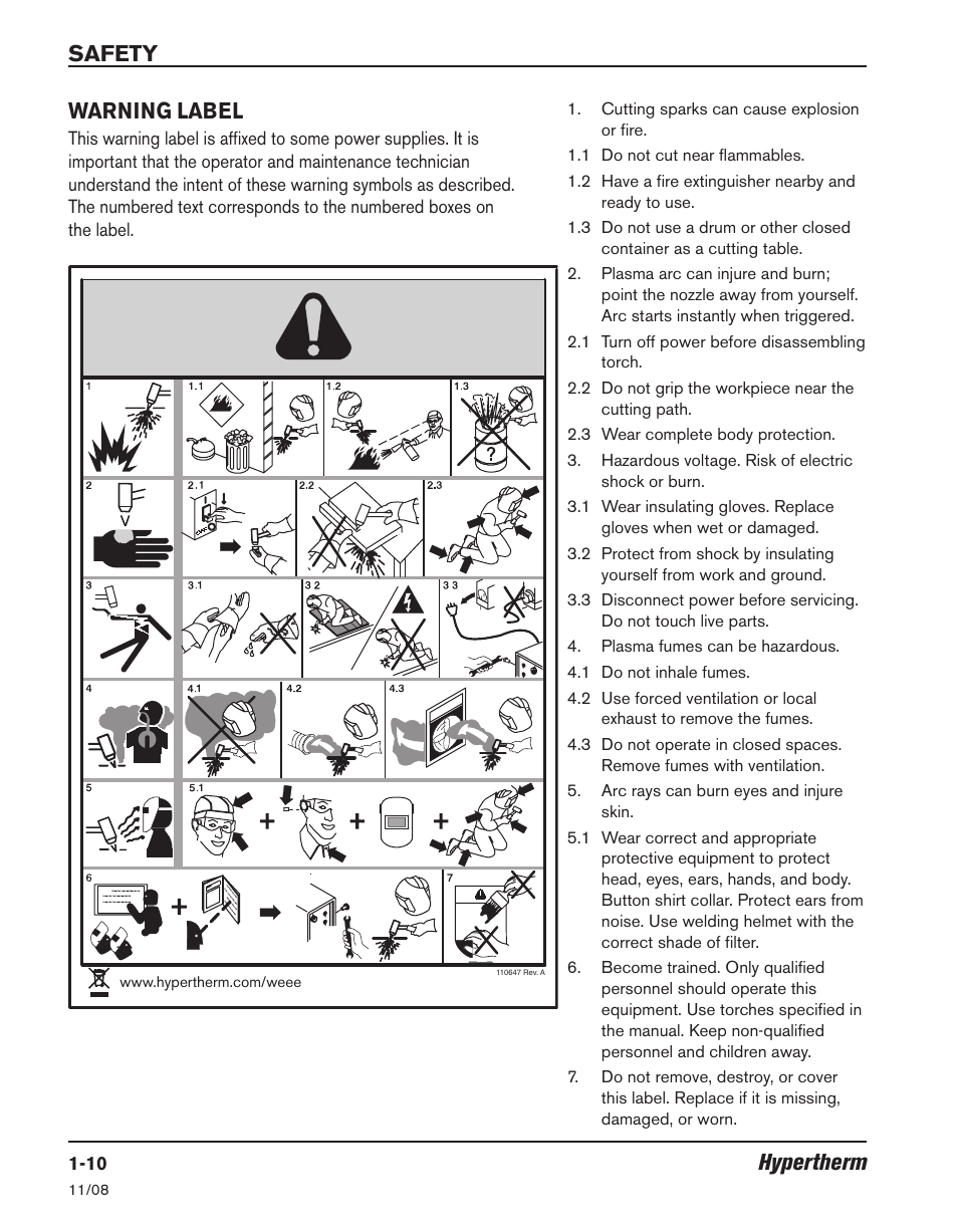 Hypertherm safety, Warning label | Hypertherm Powermax30 Operator Manual User Manual | Page 22 / 98