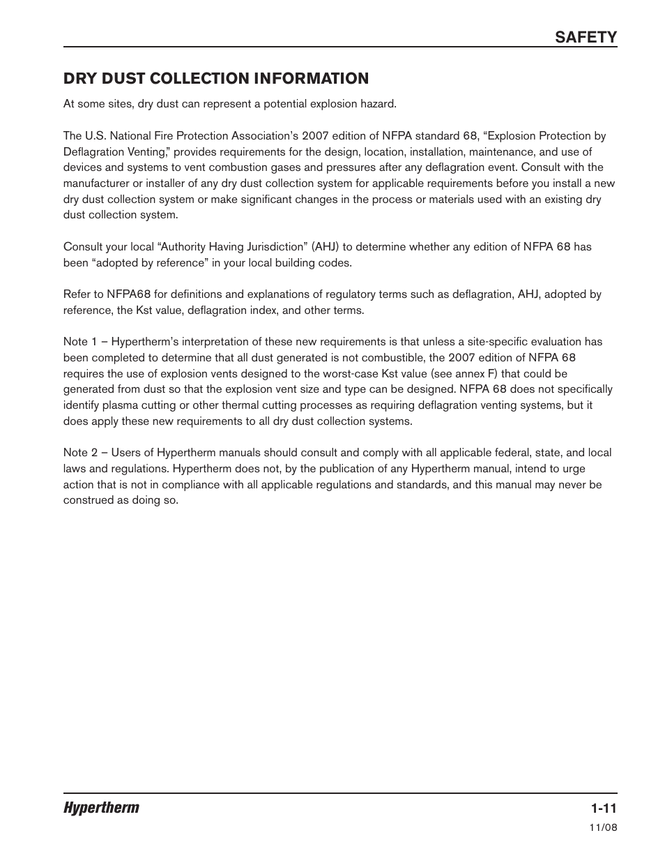 Hypertherm, Safety dry dust collection information | Hypertherm Powermax30 Operator Manual User Manual | Page 23 / 98