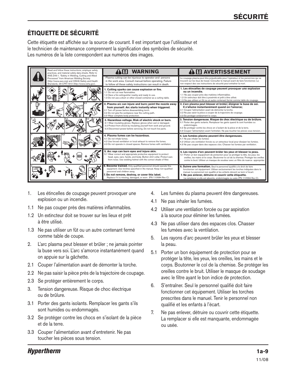 Hypertherm, Sécurité, Étiquette de sécurité | 1a-9, Warning, Avertissement | Hypertherm Powermax30 Operator Manual User Manual | Page 33 / 98