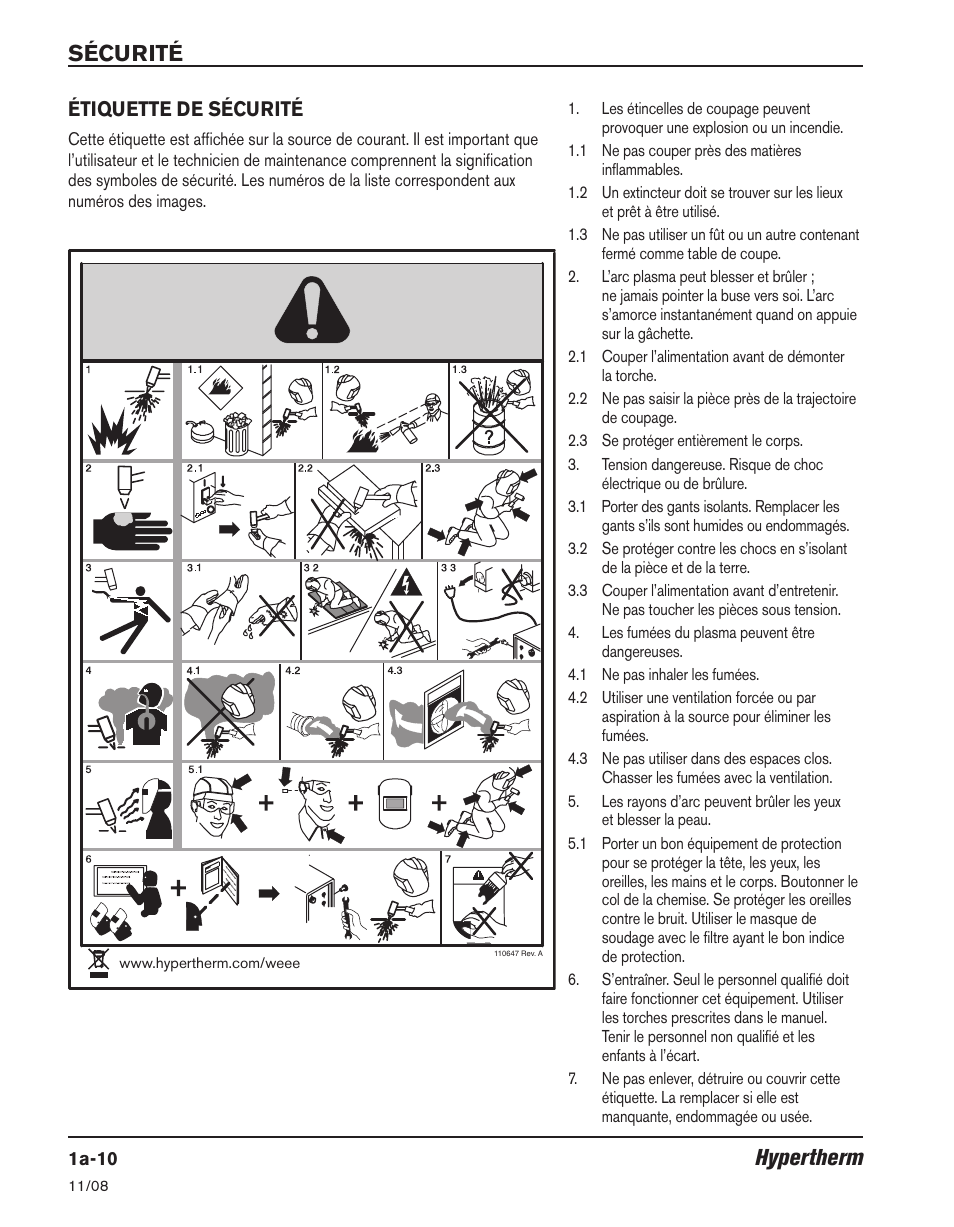 Hypertherm sécurité, Étiquette de sécurité | Hypertherm Powermax30 Operator Manual User Manual | Page 34 / 98