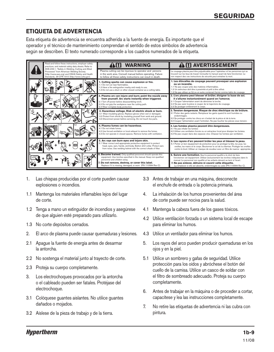 Seguridad hypertherm, Etiqueta de advertencia, 1b-9 | Warning, Avertissement | Hypertherm Powermax30 Operator Manual User Manual | Page 45 / 98