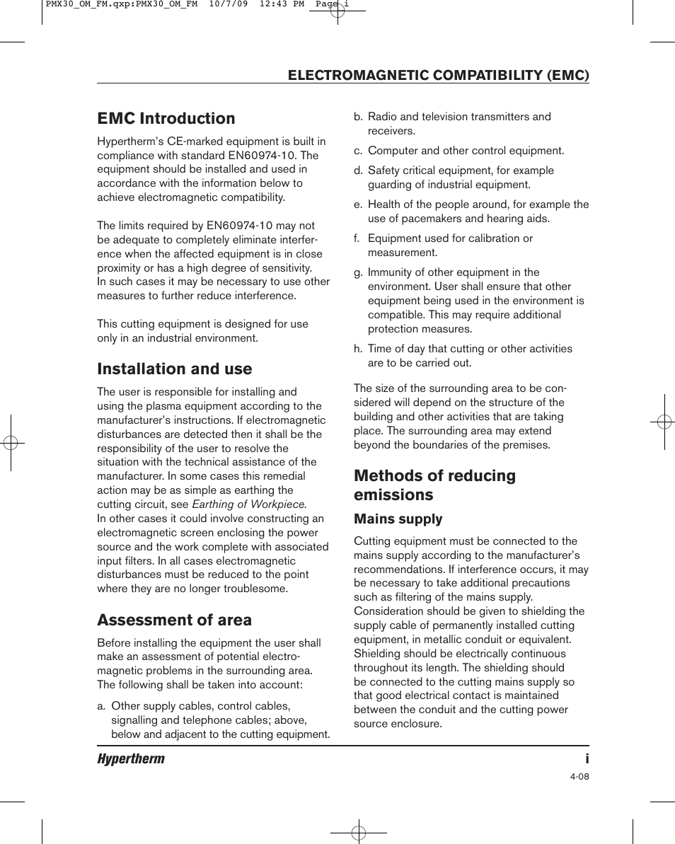 Emc introduction, Installation and use, Assessment of area | Methods of reducing emissions | Hypertherm Powermax30 Operator Manual User Manual | Page 5 / 98