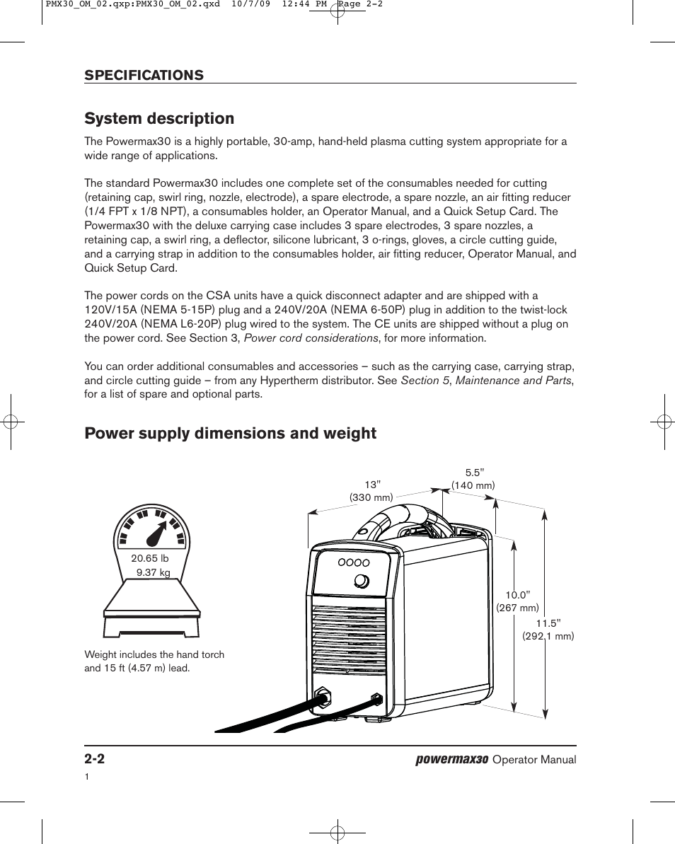 System description, Power supply dimensions and weight | Hypertherm Powermax30 Operator Manual User Manual | Page 50 / 98