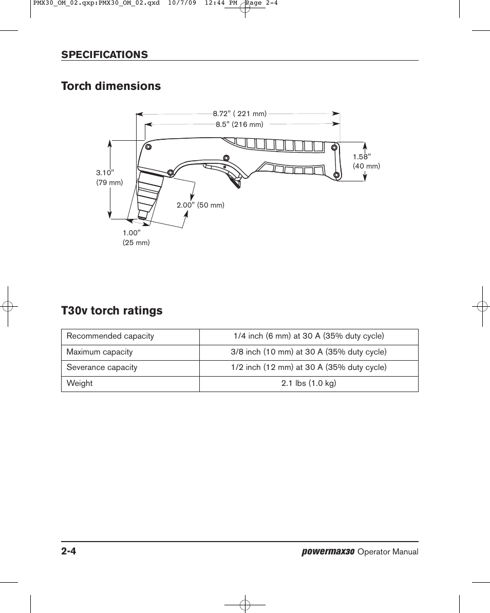 Torch dimensions, T30v torch ratings | Hypertherm Powermax30 Operator Manual User Manual | Page 52 / 98