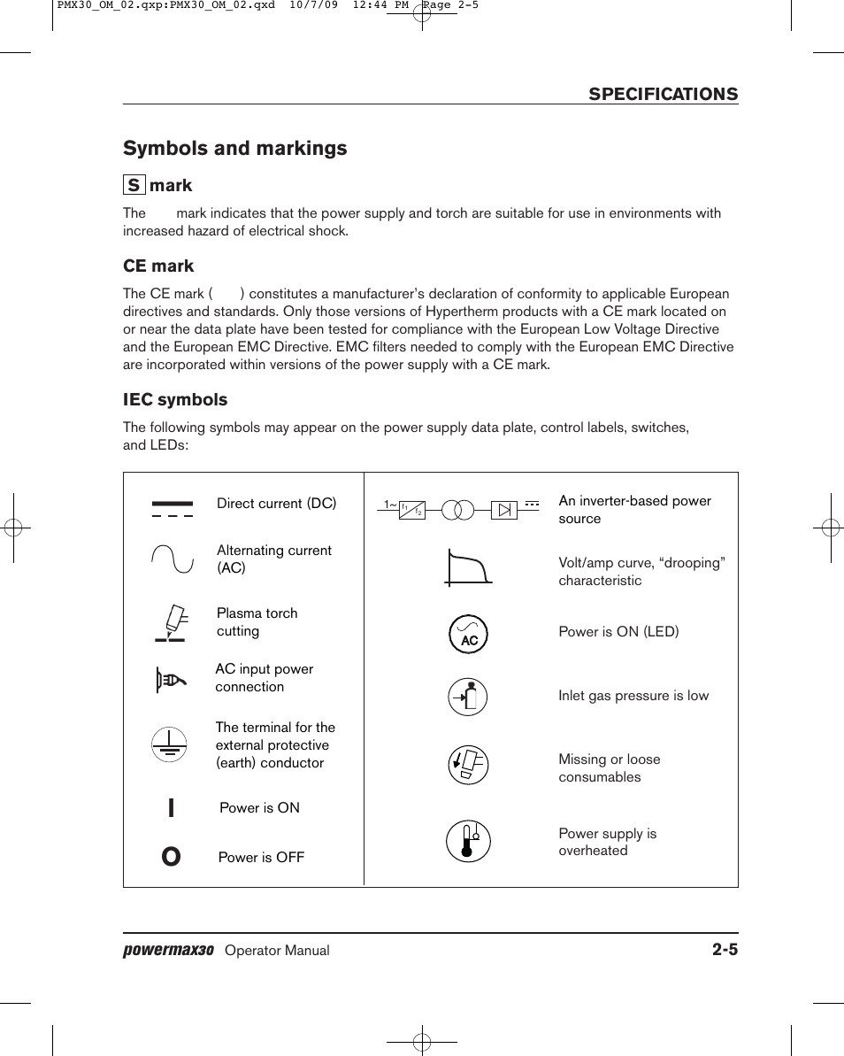 Symbols and markings | Hypertherm Powermax30 Operator Manual User Manual | Page 53 / 98