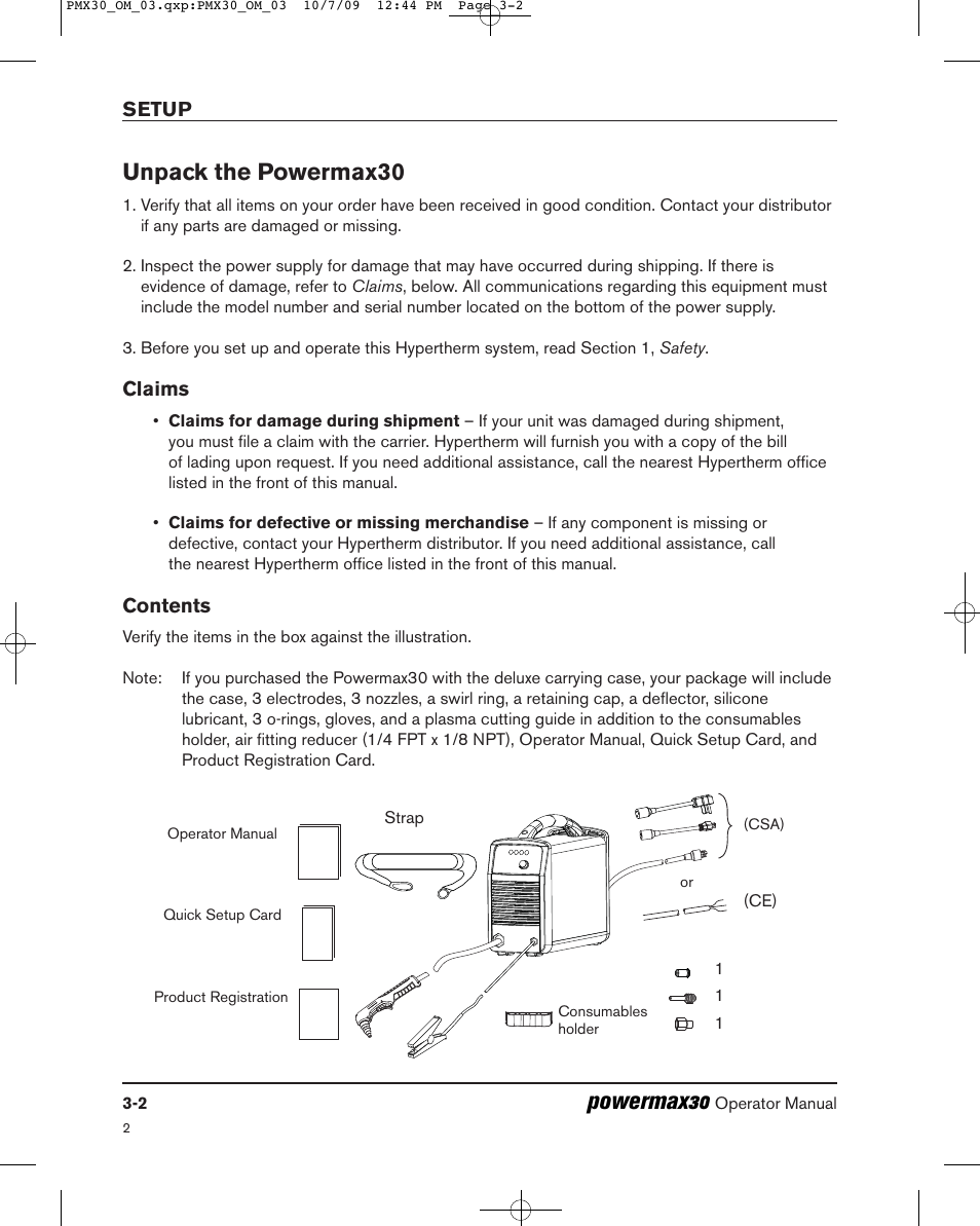 Powermax30, Unpack the powermax30 | Hypertherm Powermax30 Operator Manual User Manual | Page 56 / 98