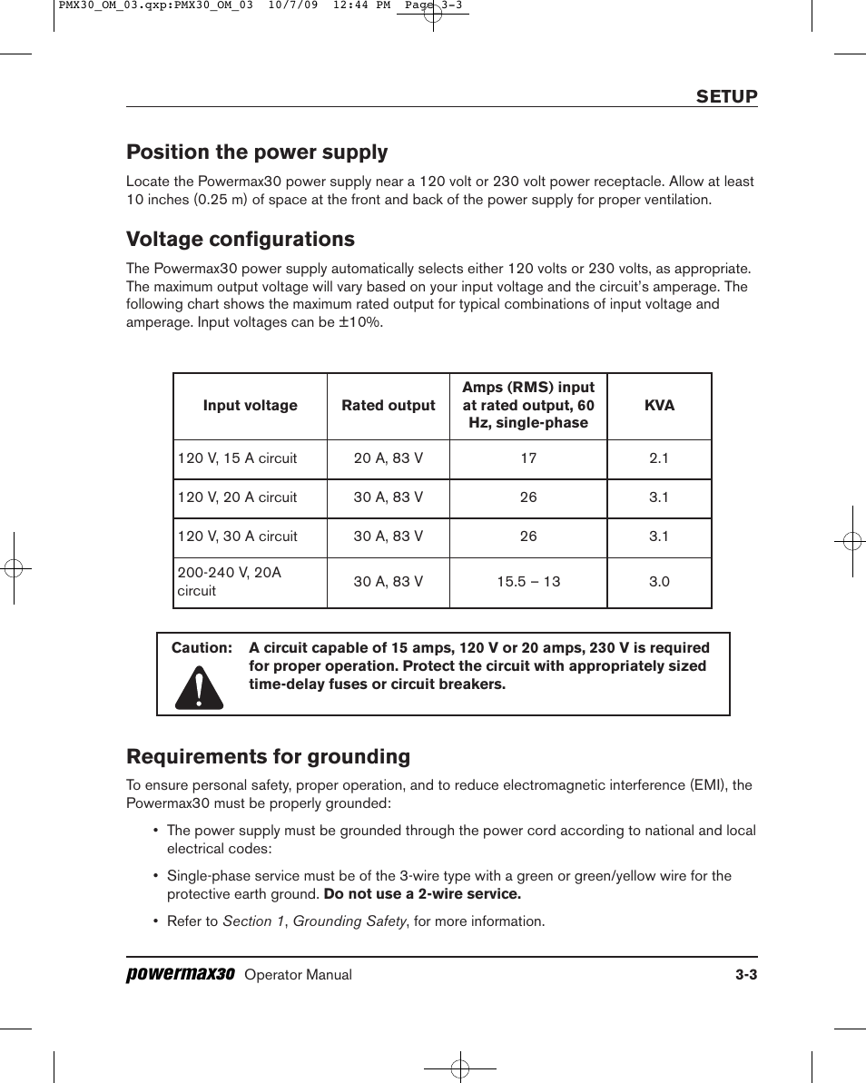 Powermax30, Position the power supply, Voltage configurations | Requirements for grounding | Hypertherm Powermax30 Operator Manual User Manual | Page 57 / 98